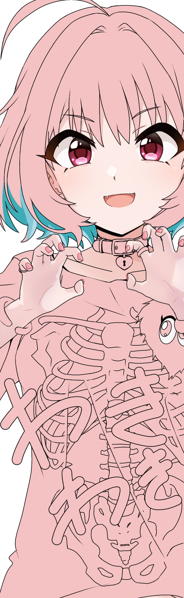 1girl, ahoge, bangle, bangs, blue_hair, bracelet, claw_pose, collar