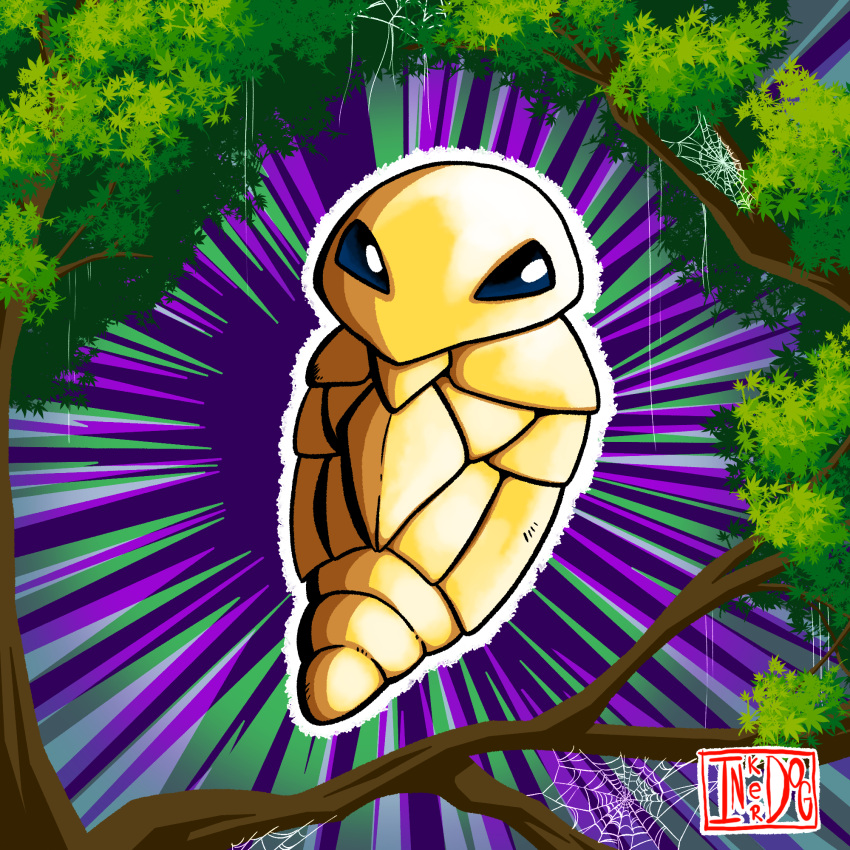 artist_logo, artist_name, branch, bush, cocoon, colored_skin, creature, forest, full_body, grass, highres, inker_dog, kakuna, leaf, monster, nature, no_humans, outdoors, outline, pokemon, pokemon_(creature), pokemon_(game), purple_background, self_upload, silk, solo, spider_web, tree, white_outline, yellow_skin