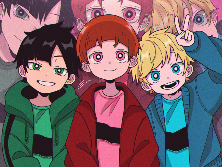 3boys, black_hair, blonde_hair, blue_eyes, boomer_(ppg), brick_(ppg), brown_hair, butch_(ppg), cartoon_network, child, commentary_request, facing_viewer, green_eyes, gurin._(desuna), highres, hood, jacket, long_sleeves, looking_at_viewer, male_child, male_focus, multiple_boys, open_mouth, powerpuff_girls, red_eyes, rowdyruff_boys, short_hair, smile, teeth, v