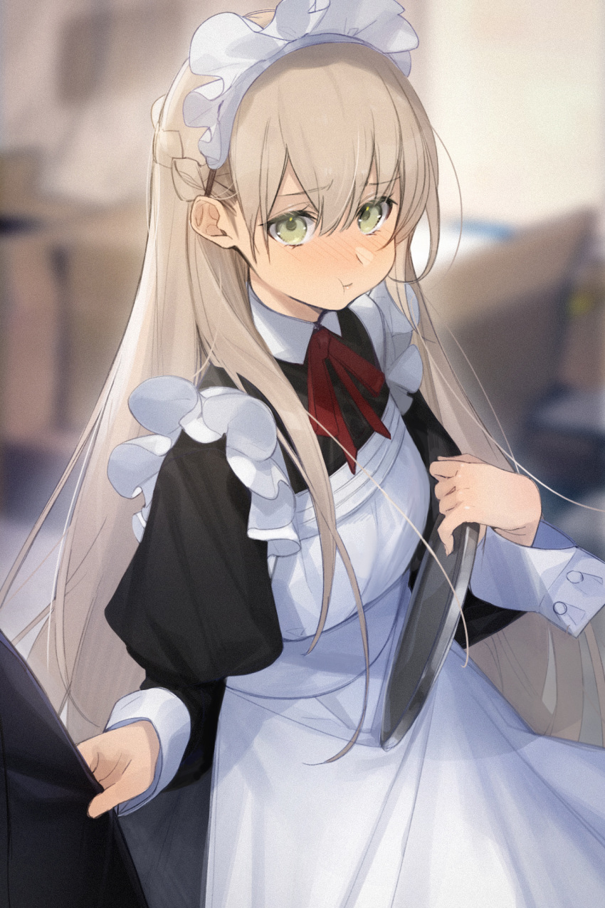 1girl, 1other, apron, bangs, black_dress, blurry, blurry_background, blush