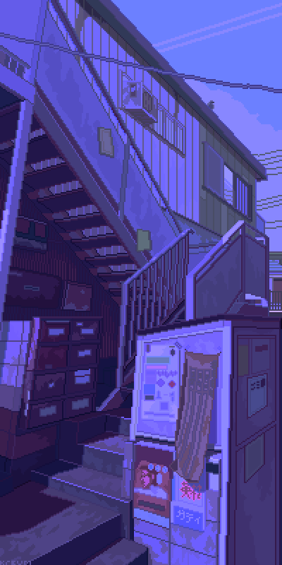 animated, animated_gif, bird, building, electric_fan, english_commentary, ground_vehicle, gutty_kreum, original, outdoors, pixel_art, poster_(object), power_lines, purple_theme, stairs, train, wind