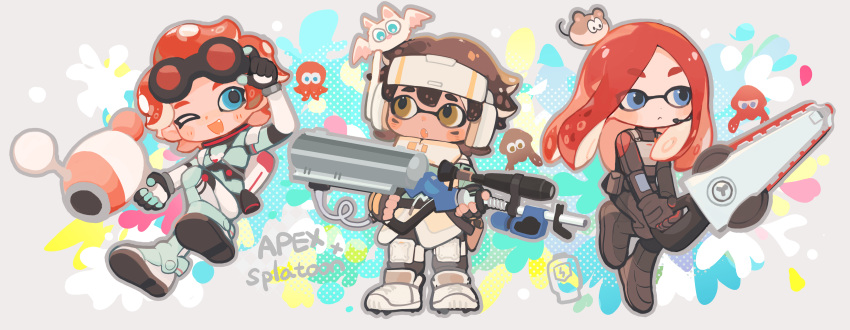 3girls, absurdres, alternate_race, animal_on_head, apex_legends, ashleigh_reid, bangs, bat_(animal)