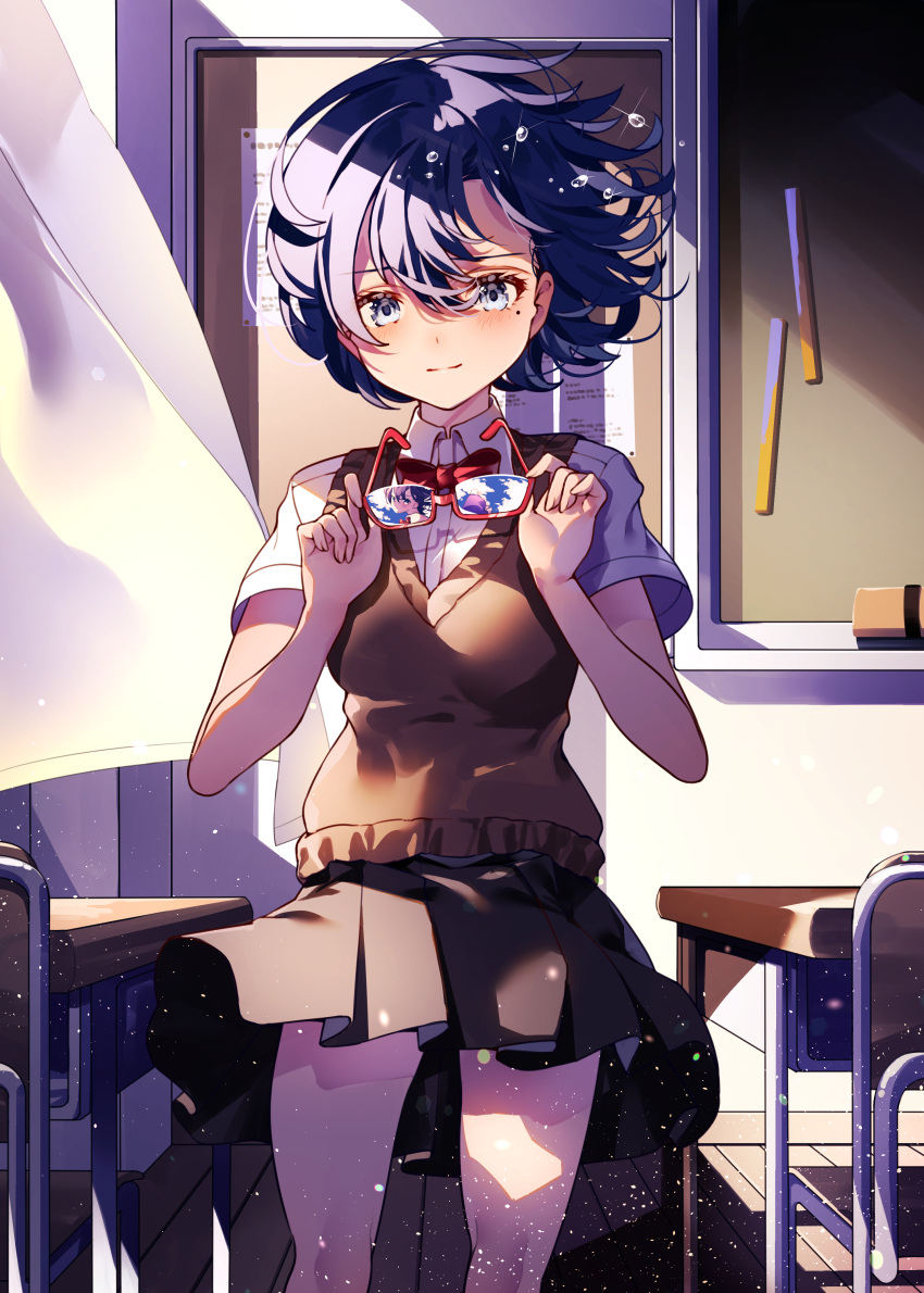 1girl, absurdres, blue_eyes, blue_hair, bow, bowtie, chair, chalkboard
