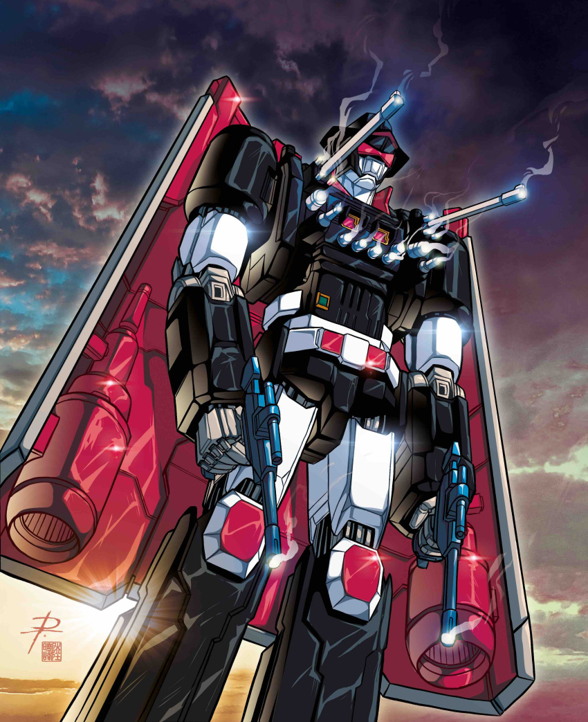 absurdres, bismarck_(mecha), daniele_rudoni, dual_wielding, glint, gun, highres, holding, jet_engine, mecha, night, no_humans, outdoors, pierucciniriccardo, robot, science_fiction, sei_juushi_bismarck, smoke, smoking_gun, solo, standing, weapon