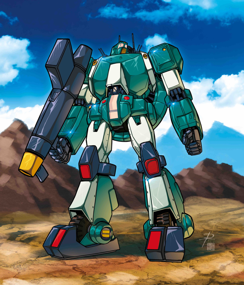 absurdres, blue_sky, cloud, clouds, daniele_rudoni, day, glint, gun, highres, holding, holding_gun, holding_weapon, mecha, no_humans, outdoors, pierucciniriccardo, robot, sentou_mecha_xabungle, sky, solo, standing, walker_gallia, weapon