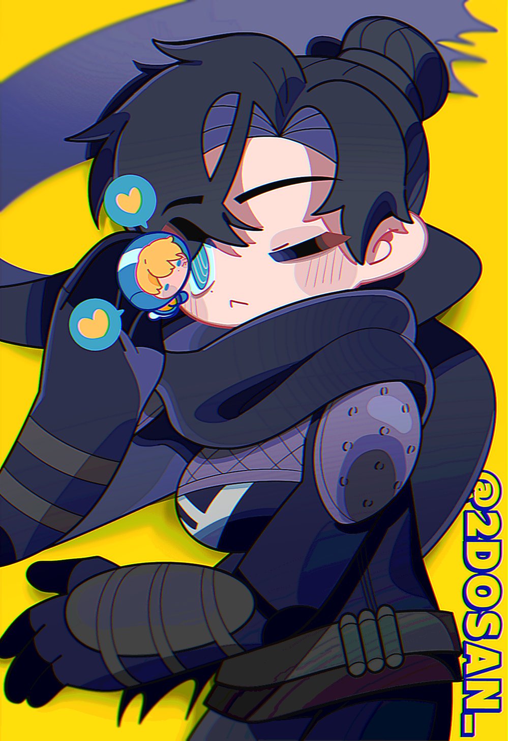 2girls, :<, animification, apex_legends, bangs, belt, black_bodysuit, black_gloves