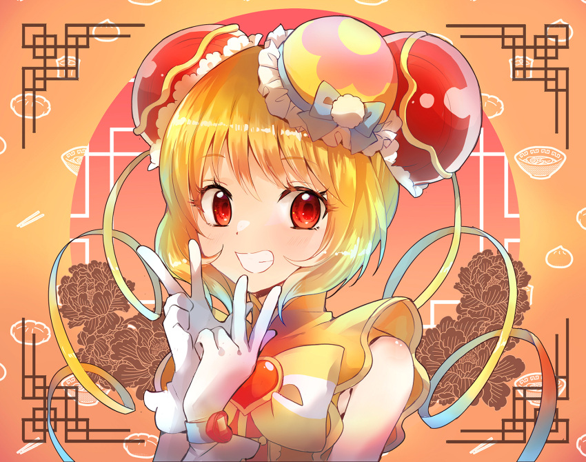 1girl, ankle_bow, blonde_hair, bow, brooch, bun_cover, china_dress, chinese_clothes