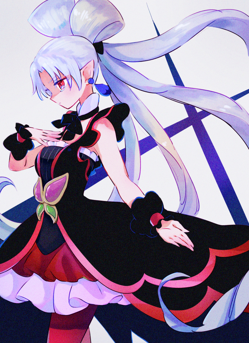 1girl, akagi_towa, albino, black_dress, bow, breasts, butterfly_brooch, cowboy_shot, dress, earrings, go!_princess_precure, hand_on_own_chest, highres, jewelry, long_hair, medium_breasts, no_mask, pantyhose, pointy_ears, precure, quad_tails, red_eyes, red_pantyhose, simple_background, solo, twilight_(go!_princess_precure), user_rmtz8875, very_long_hair, white_background, wrist_cuffs
