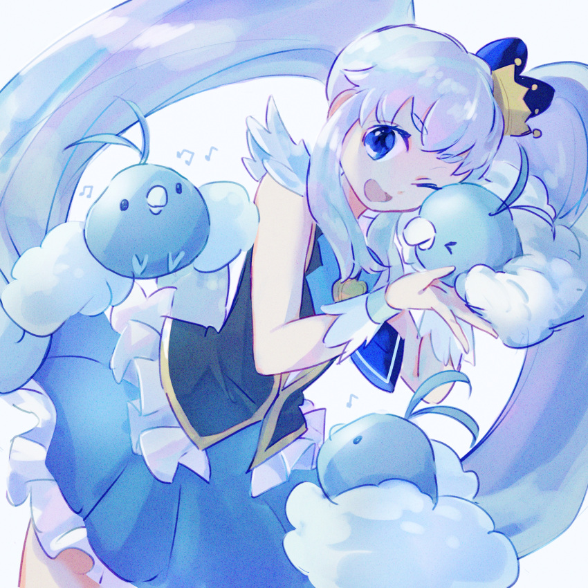 1girl, bird, blue_eyes, blue_hair, blue_skirt, brooch, crown, cure_princess