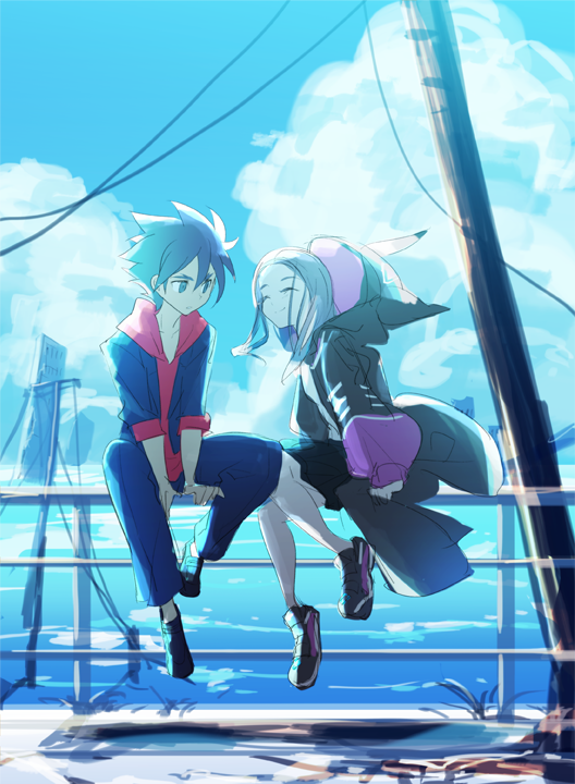 1boy, 1girl, 2boys, black_jacket, blue_eyes, blue_sky, character_request, clouds