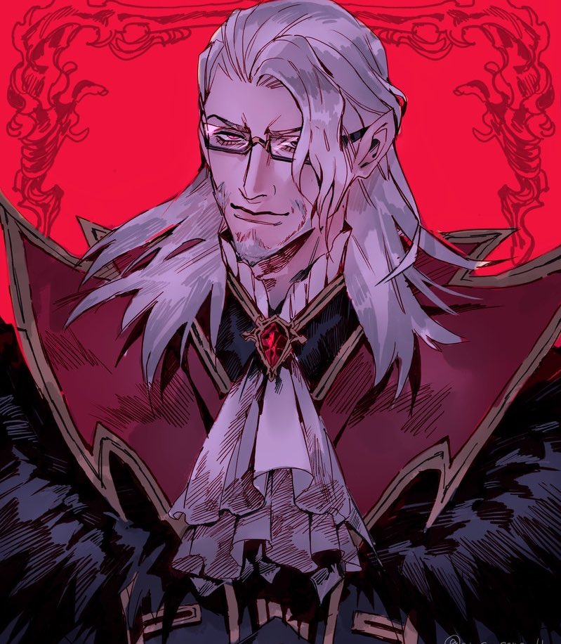 1boy, ascot, beard, black-framed_eyewear, cropped, facial_hair, final_fantasy, final_fantasy_xiv, gem, glasses, grey_hair, hesperos, junx0117, long_hair, looking_at_viewer, male_focus, old, old_man, pink_eyes, red_background, solo, upper_body, white_ascot