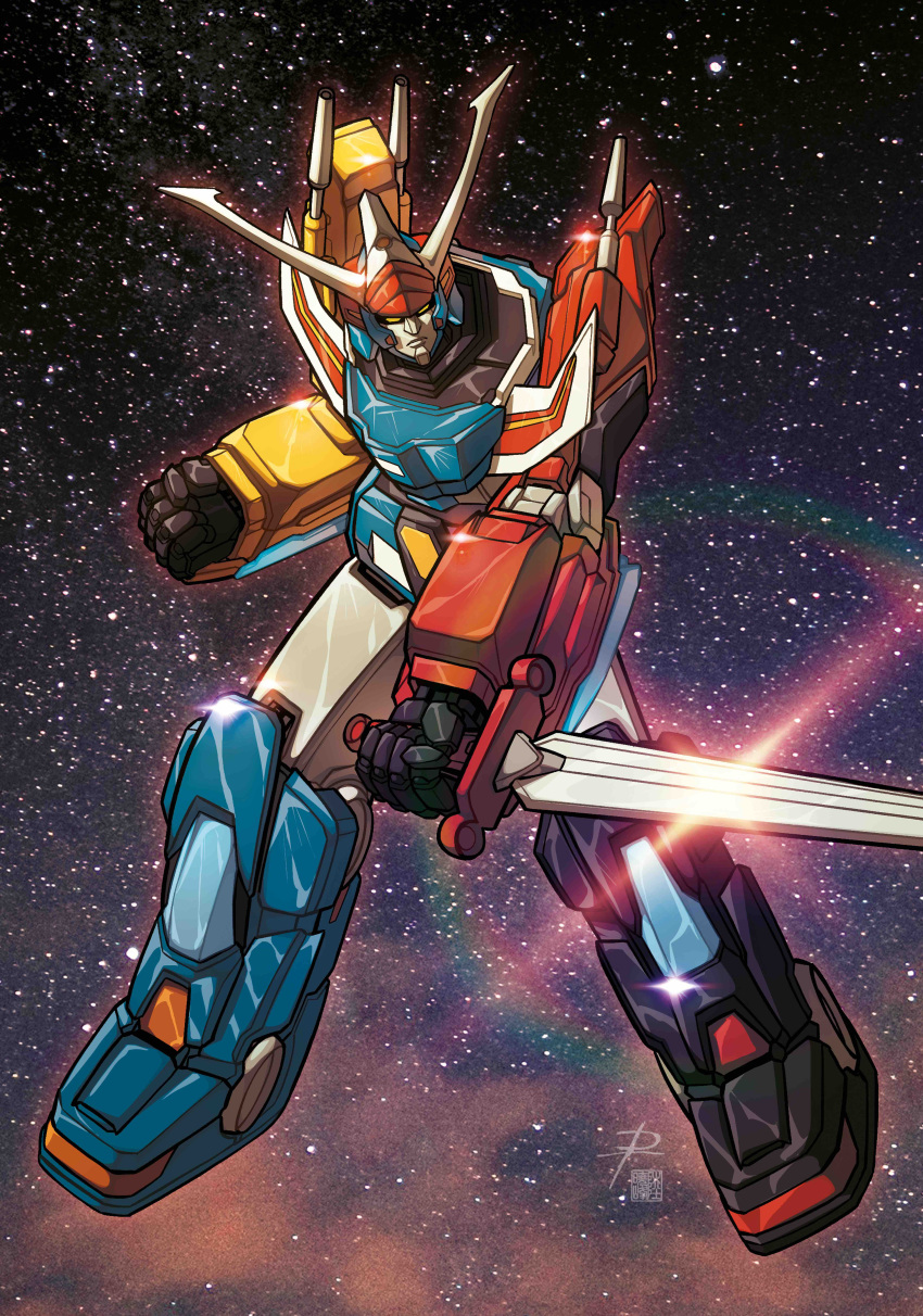 absurdres, baxingar, clenched_hand, daniele_rudoni, full_body, ginga_reppuu_baxingar, glint, highres, holding, holding_sword, holding_weapon, looking_at_viewer, mecha, no_humans, pierucciniriccardo, robot, sky, solo, space, star_(sky), starry_sky, sword, weapon, yellow_eyes