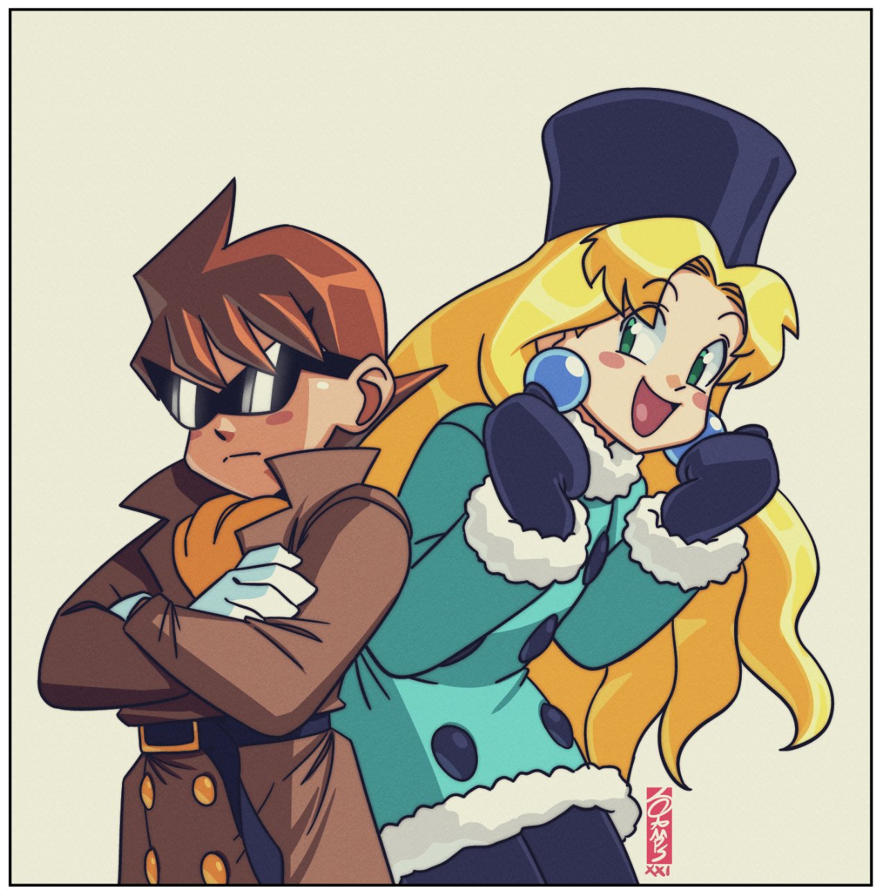 1boy, 1girl, blonde_hair, blush, blush_stickers, border, brown_coat, brown_hair