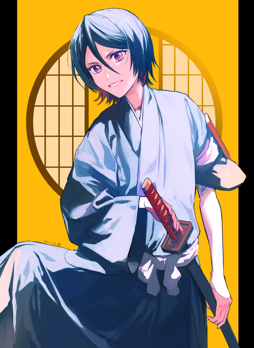 1girl, :d, absurdres, black_eyes, black_hair, black_kimono, bleach, grin
