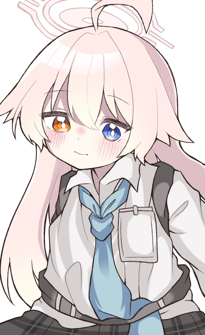1girl, ahoge, bangs, belt, blue_archive, blue_eyes, blue_necktie, blush, codename_jaroa, collared_shirt, commentary_request, eyebrows_visible_through_hair, grey_skirt, hair_between_eyes, halo, heterochromia, highres, hoshino_(blue_archive), long_hair, long_sleeves, looking_at_viewer, necktie, orange_eyes, pink_hair, plaid, plaid_skirt, shirt, simple_background, skirt, solo, very_long_hair, white_background, white_shirt