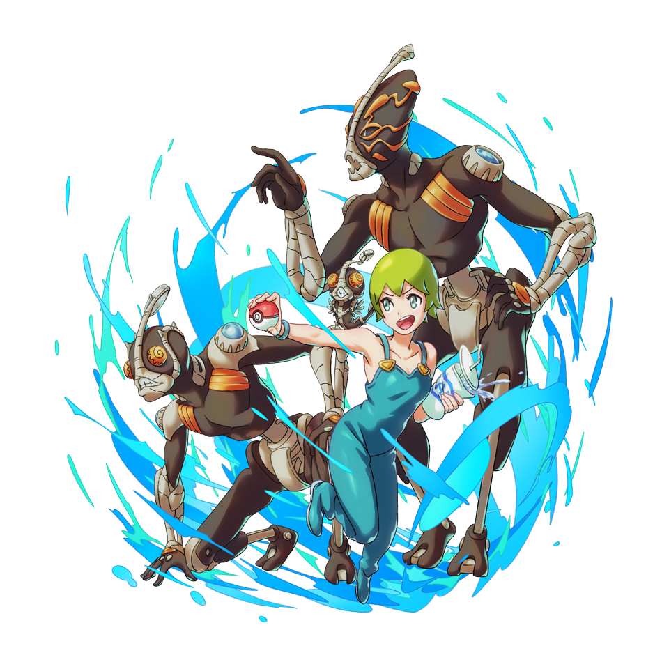 1girl, aqua_eyes, blue_overalls, bracelet, breasts, cup, disposable_cup, foo_fighters, foo_fighters_(stand), green_hair, jewelry, jojo_no_kimyou_na_bouken, multiple_persona, okazaki_johnny, open_mouth, overalls, poke_ball, poke_ball_(basic), pokemon, small_breasts, smile, stone_ocean, water
