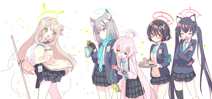 5girls, :d, ahoge, animal_ear_fluff, animal_ears, armband, ayane_(blue_archive), bag
