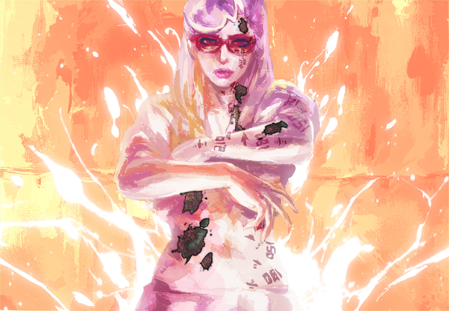1girl, body_writing, glasses, holly_joestar-kira, jojo_no_kimyou_na_bouken, jojolion, okazaki_johnny, orange_background