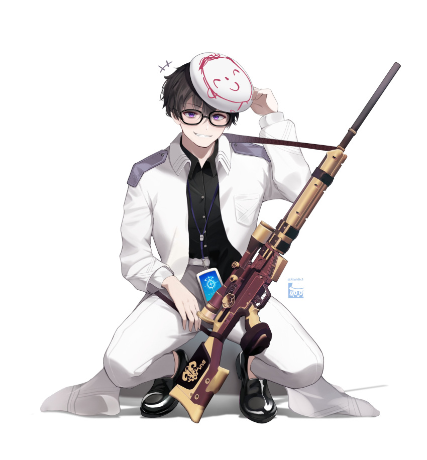 1boy, absurdres, black_hair, black_skirt, blue_archive, glasses, gun, h&amp;k_psg1