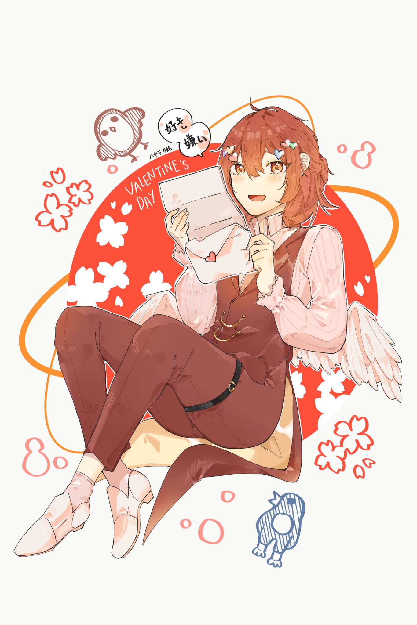 1boy, 1girl, :d, alternate_costume, bird, brown_hair, brown_pants, brown_vest