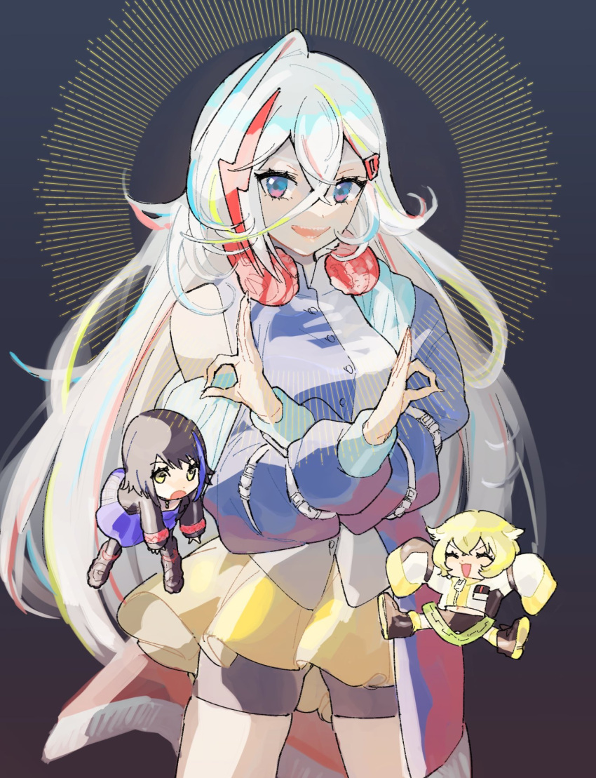 3girls, bangs, bare_shoulders, black_hair, black_jacket, blonde_hair, blue_dress, blue_eyes