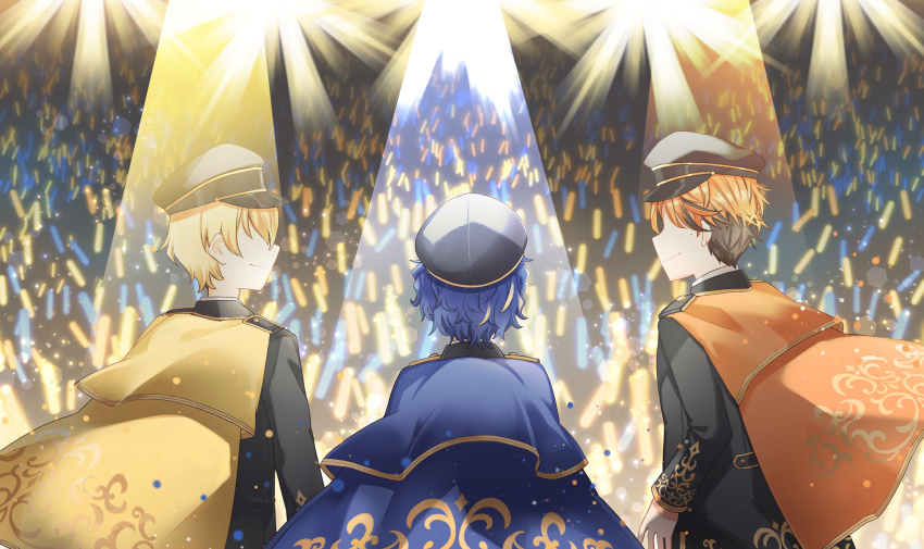 3boys, absurdres, astel_leda, ayoiji, black_hair, black_jacket, blonde_hair, blue_cape, blue_hair, cape, commentary, english_commentary, faceless, faceless_male, glowstick, hair_between_eyes, hat, highres, holostars, jacket, kishido_temma, male_focus, mole, mole_under_eye, multicolored_hair, multiple_boys, orange_cape, orange_hair, peaked_cap, short_hair, smile, stage_lights, streaked_hair, suntempo, upper_body, virtual_youtuber, yellow_cape, yukoku_roberu