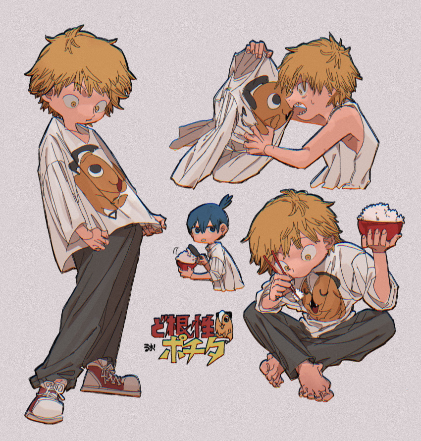 1other, 2boys, arm_up, baggy_clothes, barefoot, blonde_hair, blue_hair, bowl