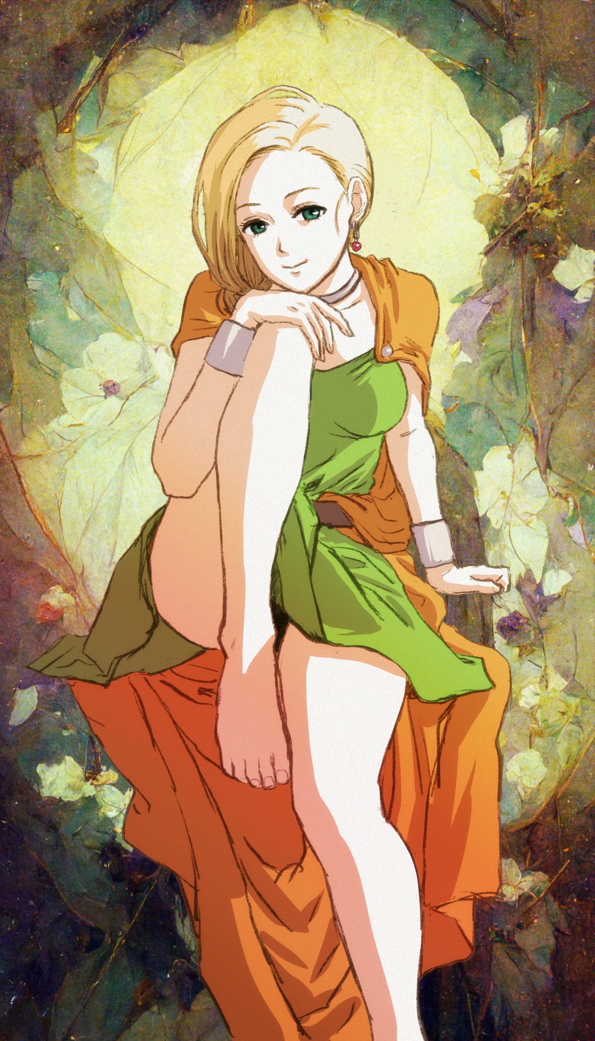 1girl, barefoot, bianca_(dq5), blonde_hair, blue_eyes, braid, breasts, cape