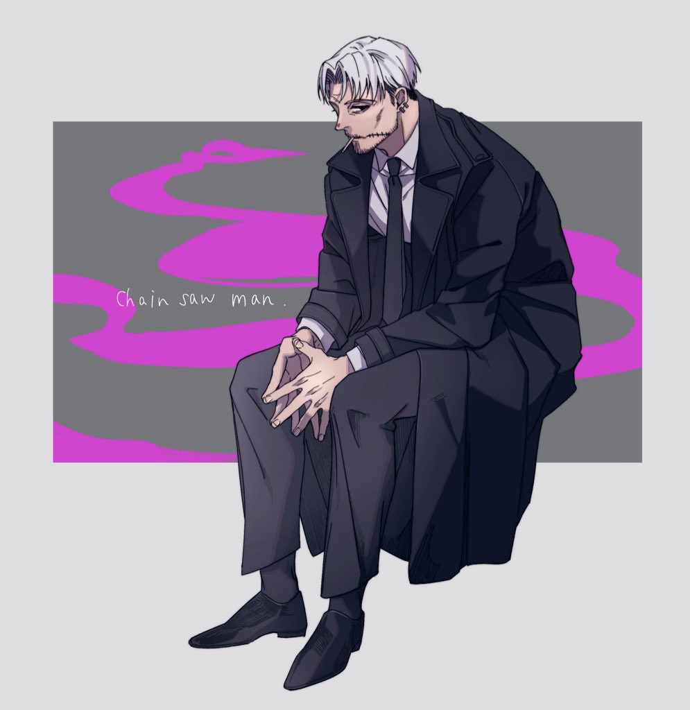 1boy, black_coat, black_necktie, chainsaw_man, cigarette, coat, collared_shirt, earrings, facial_hair, formal, grey_background, jewelry, kishibe_(chainsaw_man), long_coat, looking_at_viewer, male_focus, midair, necktie, own_hands_together, scar, scar_on_face, shirt, simple_background, sitting, smoke, smoking, solo, steepled_fingers, stitched_face, stitches, stubble, suit, user_cpvu8843, white_hair, white_shirt