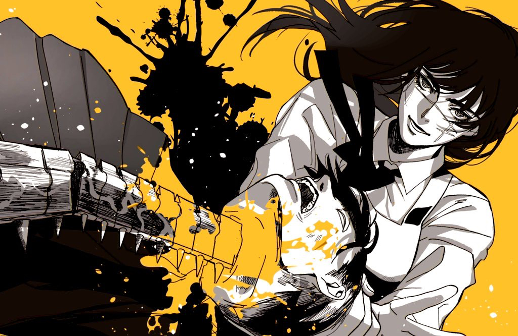 1boy, 1girl, black_hair, black_ribbon, chainsaw_man, collared_shirt, cross_scar, holding