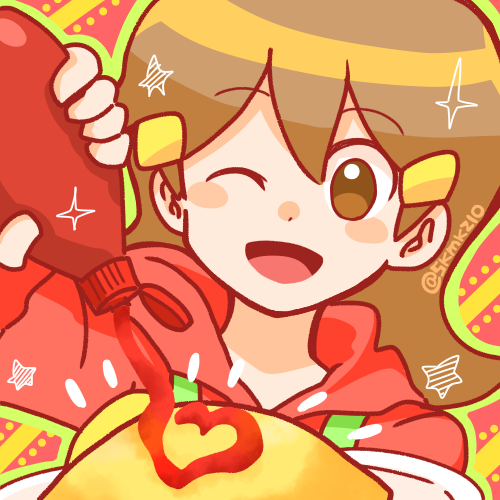5-volt, brown_eyes, brown_hair, ketchup, looking_at_viewer, lowres, one_eye_closed, open_mouth, skmkz10, smile, solo, warioware