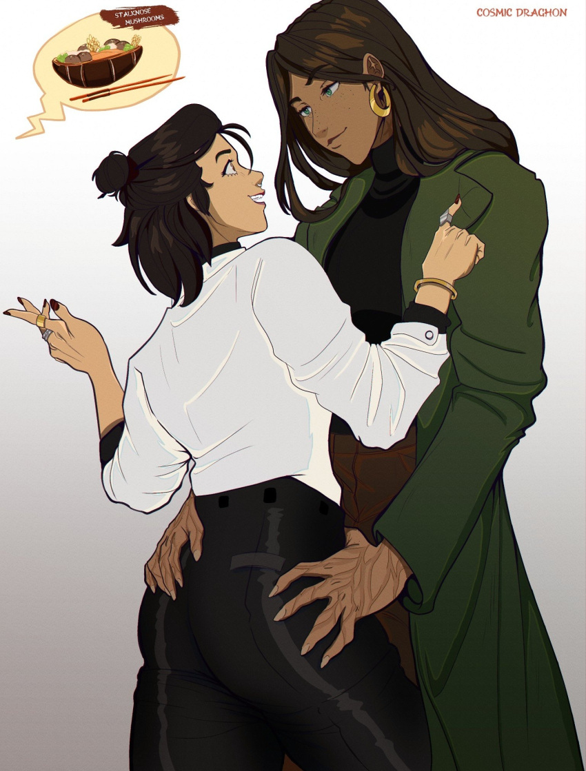 2girls, artist_name, ass, avatar_legends, black_hair, black_shirt, blue_eyes, bracelet