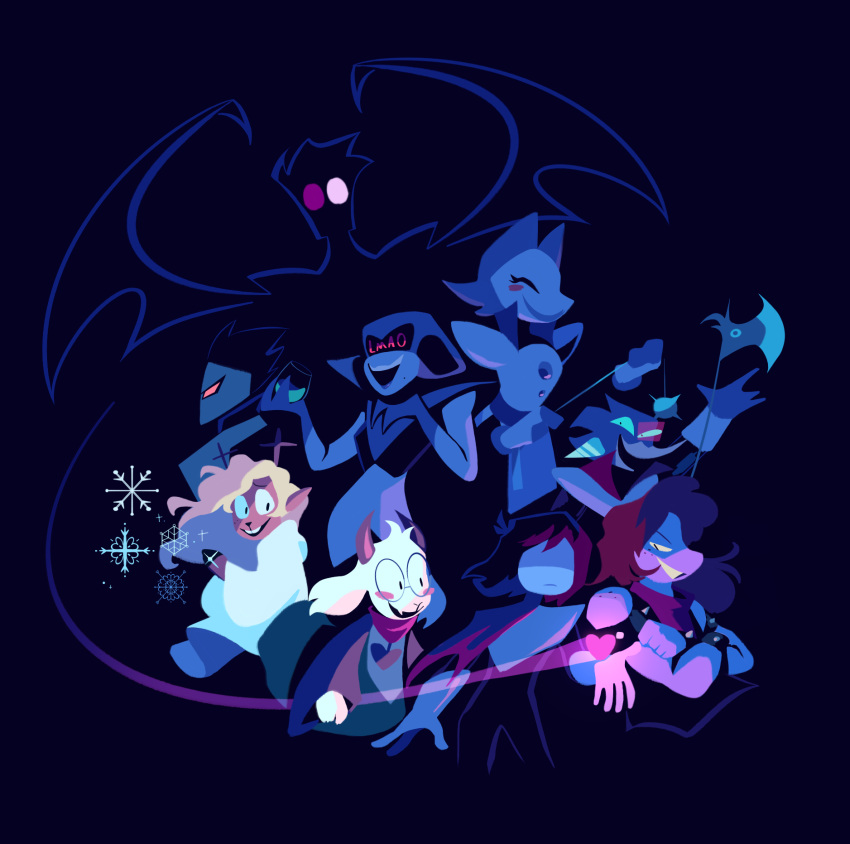 1other, 3boys, 3girls, :d, armlet, axe, ball_and_chain_(weapon), berdly_(dark_world)_(deltarune)
