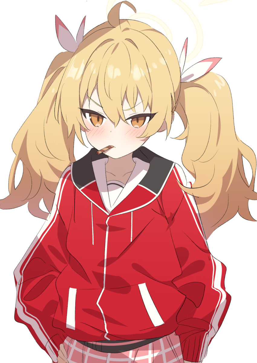 1girl, blonde_hair, blue_archive, blush, brown_eyes, cowboy_shot, food, food_in_mouth