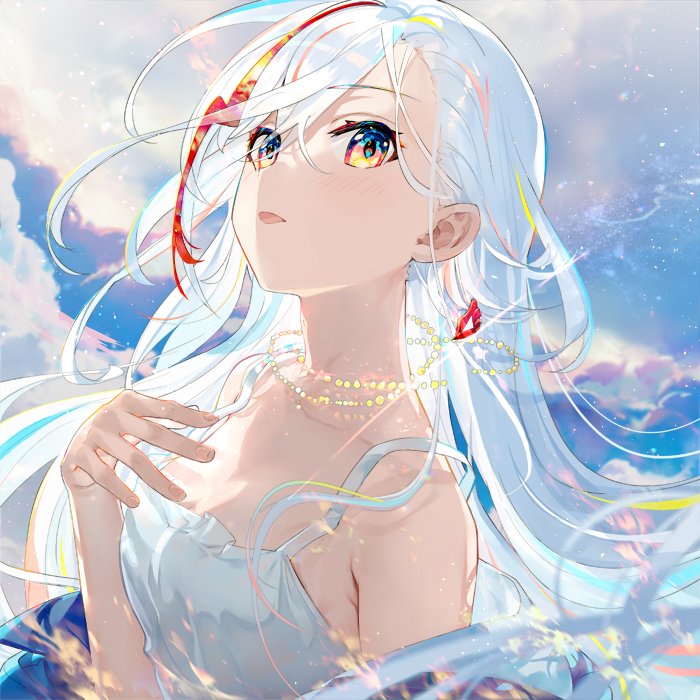 1girl, album_cover, bangs, bare_shoulders, blonde_hair, blue_eyes, blue_hair, cover