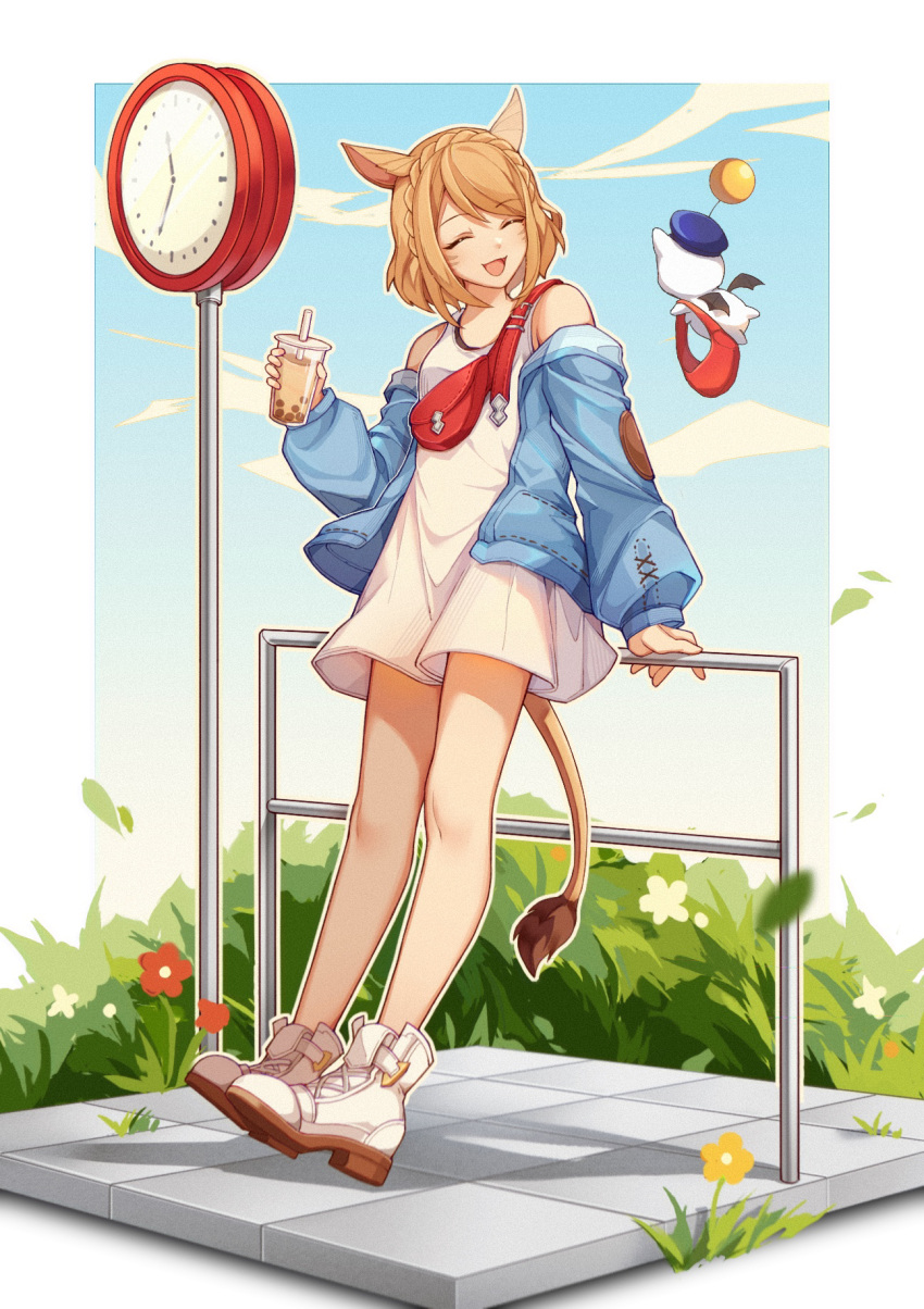 1girl, 9yuki, :d, ^_^, animal_ears, avatar_(ff14), bare_shoulders, blonde_hair