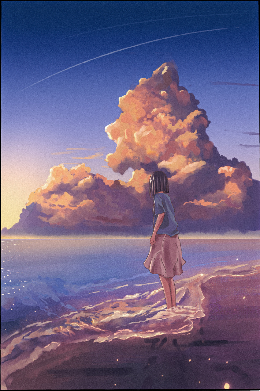 1girl, absurdres, beach, black_hair, blue_shirt, cloud, clouds, commentary