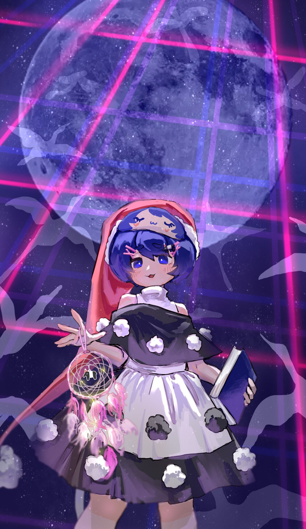 1girl, :3, :d, bangs, bare_shoulders, black_dress, blue_eyes, blue_hair