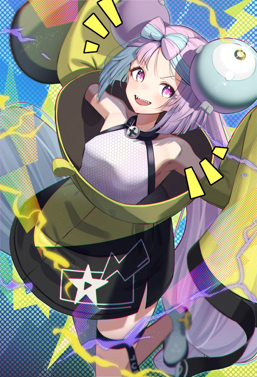 1girl, absurdres, appo_(36786257), blurry, blush, boots, breasts, character_hair_ornament, commentary_request, eyelashes, fishnets, grey_footwear, hair_ornament, halftone, halftone_background, highres, iono_(pokemon), jacket, long_hair, looking_at_viewer, multicolored_hair, notice_lines, open_mouth, pokemon, pokemon_(game), pokemon_sv, polka_dot, purple_hair, sharp_teeth, shirt, sleeveless, sleeveless_shirt, sleeves_past_fingers, sleeves_past_wrists, solo, teeth, thigh_strap, tongue, twintails, two-tone_hair, upper_teeth, violet_eyes, yellow_jacket