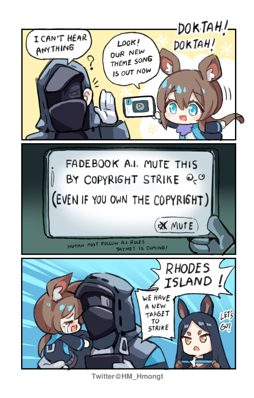 1other, 2girls, ambiguous_gender, amiya_(arknights), angry, animal_ears, arknights, baby_carry, bangs, brown_hair, bunny_ears, carrying, chibi, comic, crying, dobermann_(arknights), doctor_(arknights), dog_ears, dog_girl, english_text, facebook, gloves, highres, hm_(hmongt), hood, jacket, multiple_girls, mute_speaker_sign, open_mouth, rabbit_ears, rabbit_girl, right-to-left_comic, speech_bubble, tablet_pc