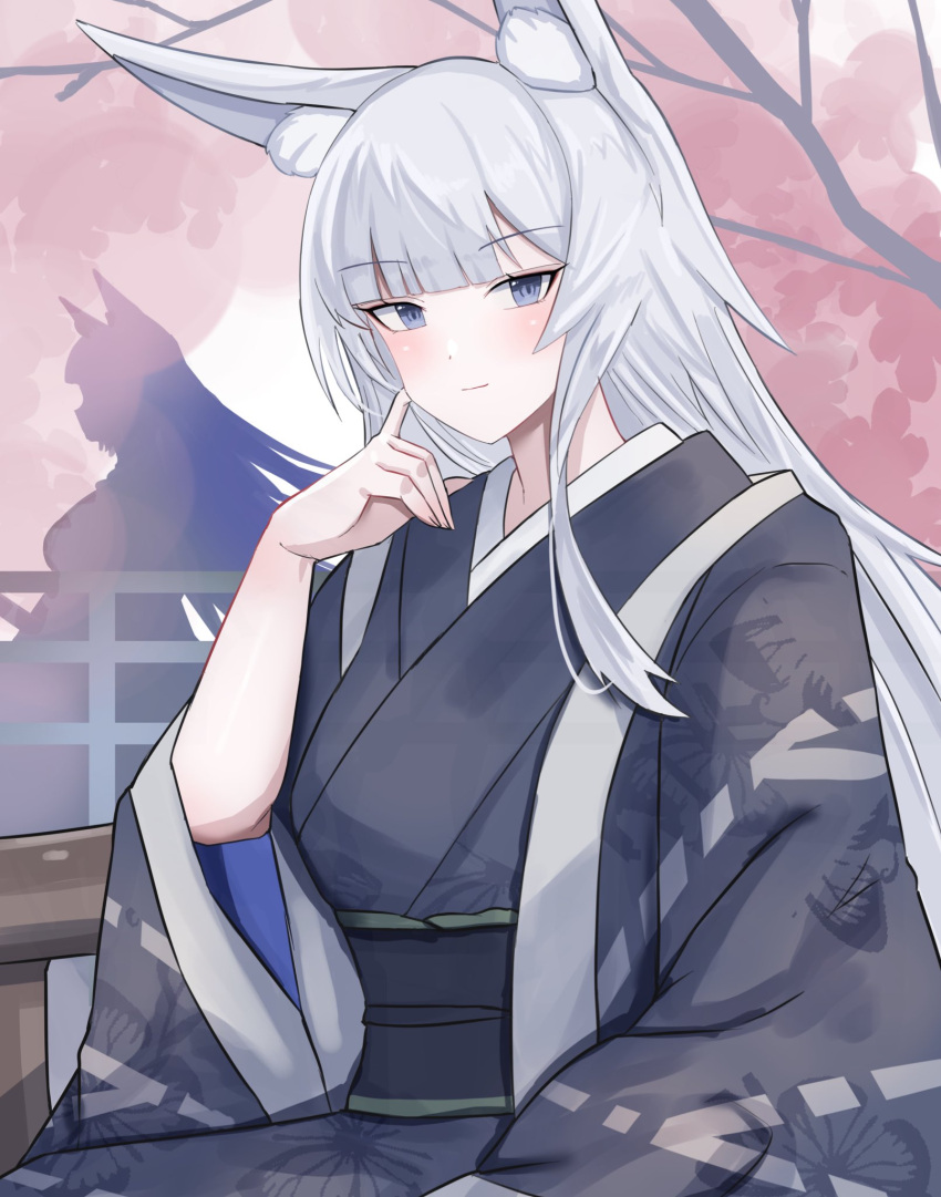 1girl, alisa_(11749711), animal_ears, azur_lane, bangs, blue_kimono, blush, eyebrows_visible_through_hair, fox_ears, fox_girl, fox_tail, highres, japanese_clothes, kimono, kitsune, kyuubi, long_hair, looking_at_viewer, multiple_tails, obi, sash, shinano_(azur_lane), smile, solo, tail, very_long_hair, violet_eyes, white_hair, white_tail, wide_sleeves