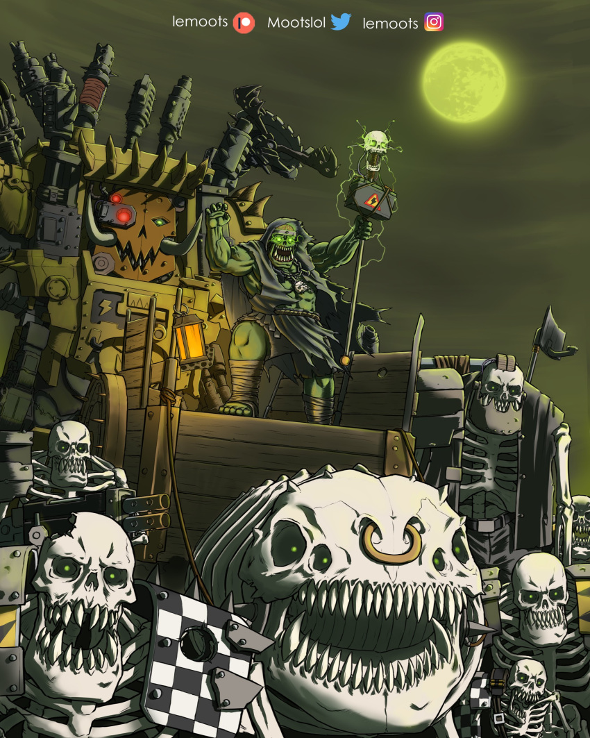 absurdres, colored_skin, fangs, glowing, glowing_eyes, green_eyes, green_moon, green_skin
