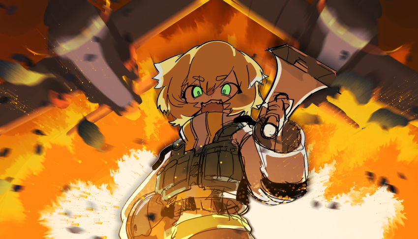 1girl, animal_ears, bangs, blonde_hair, denonbu, explosion, fire, fur-trimmed_hood