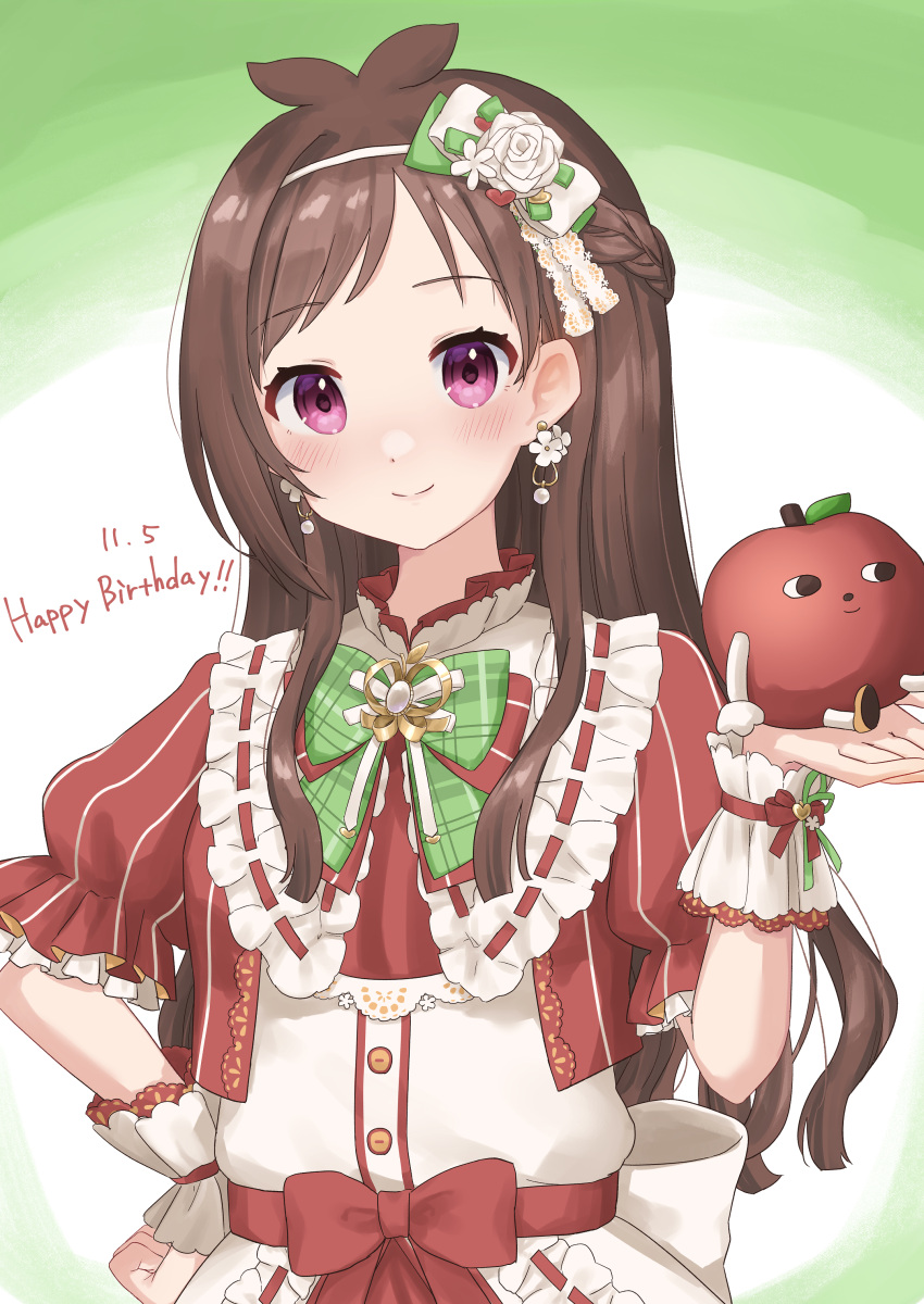 1girl, absurdres, antenna_hair, blush, bow, bowtie, brown_hair, dated