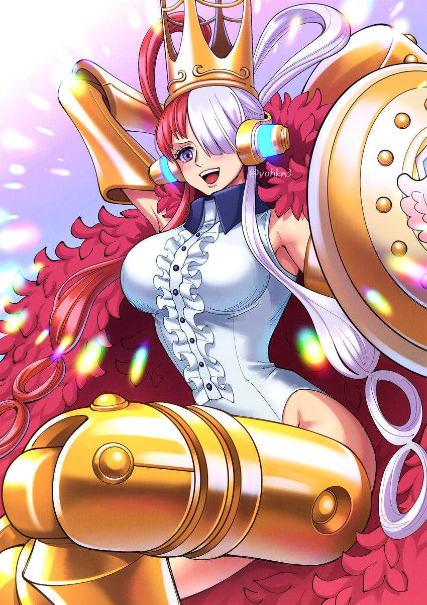 1girl, arm_up, armor, blush, breasts, crown, dress, gauntlets