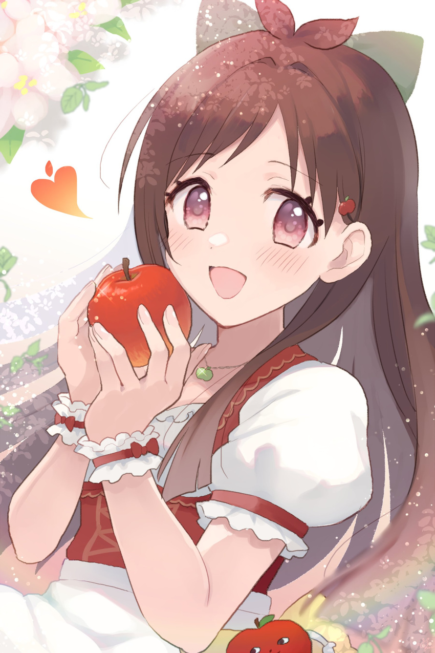 1girl, absurdres, antenna_hair, apple, apple_hair_ornament, blush, brown_hair, dress