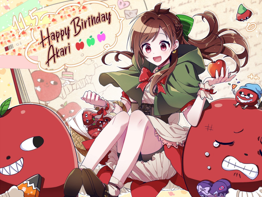 1girl, 6_(yuchae), ant, apple, bare_legs, bike_shorts, bike_shorts_under_skirt, blush