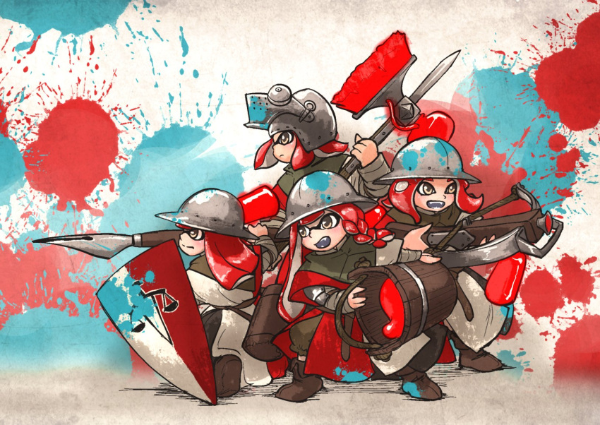 4girls, armor, braid, bucket, crossbow, gambeson, helmet, highres