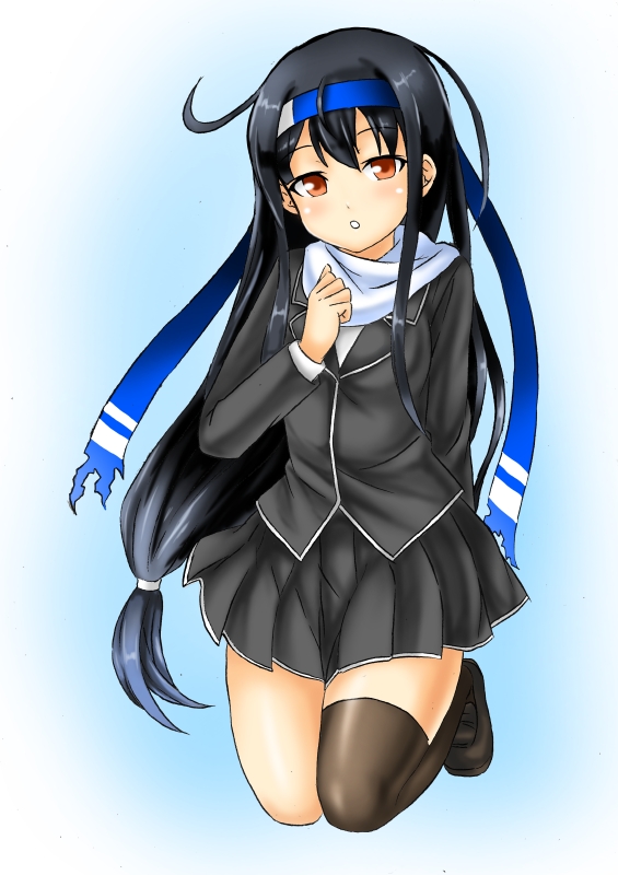 1girl, :o, black_hair, black_legwear, black_skirt, blazer, blue_background, blue_headband