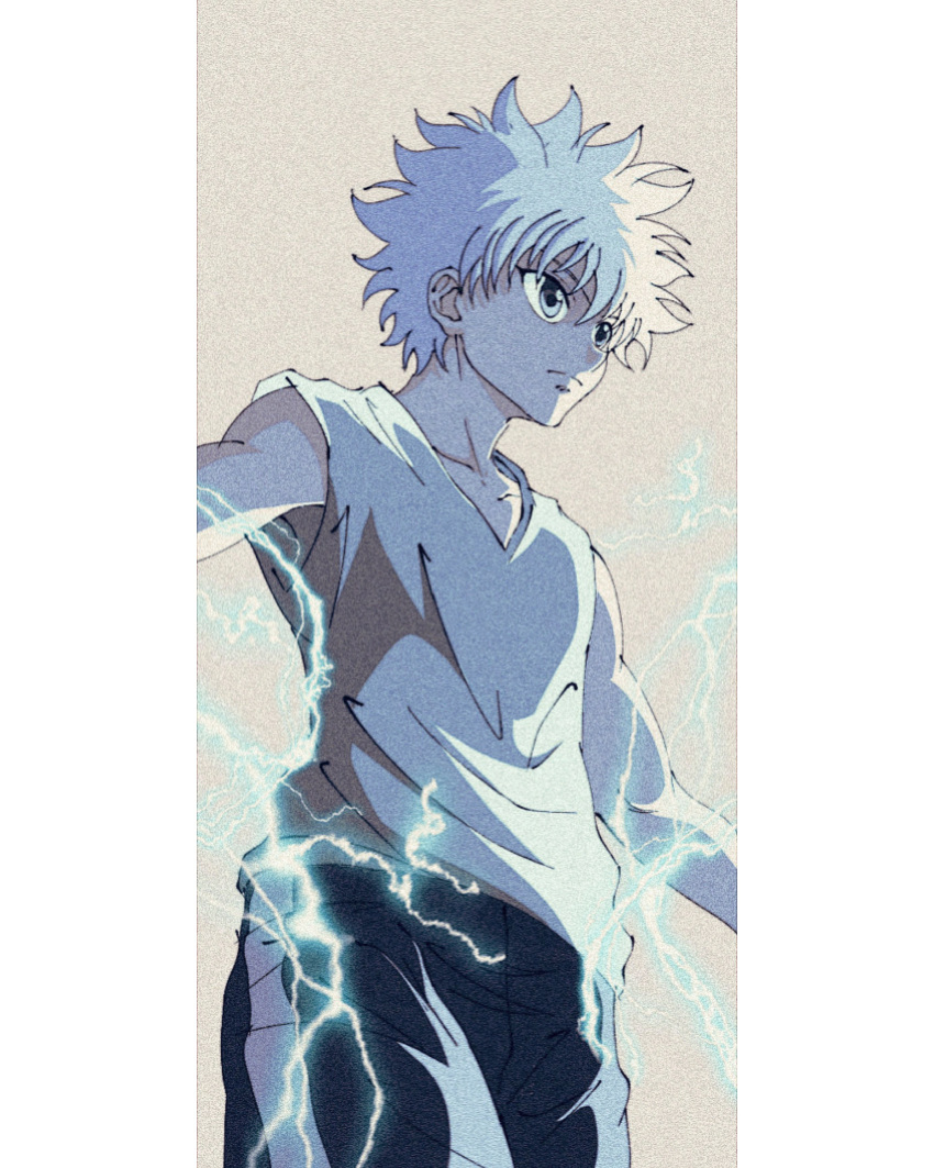 1boy, absurdres, arms_at_sides, blue_eyes, electricity, enoki_(gongindon), expressionless, feet_out_of_frame